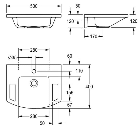KWC ANMW0003N EXOS washbasin, wheelchair-accessible Dimensions 500 x 125 x 400 mm (W x H x D)