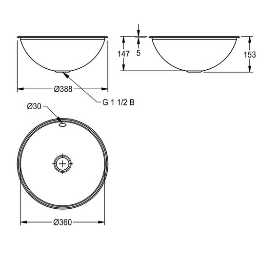 KWC RNDH360, round washbasin bowl size 360 mm.