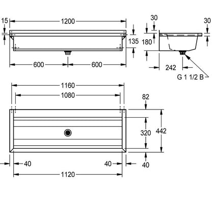 KWC PROFESSIONAL PL12T, PLANOX wash trough with tap ledge, length 1200 mm